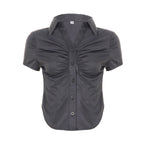 Women's Short Sleeve Blouse with Ruching and Button Placket