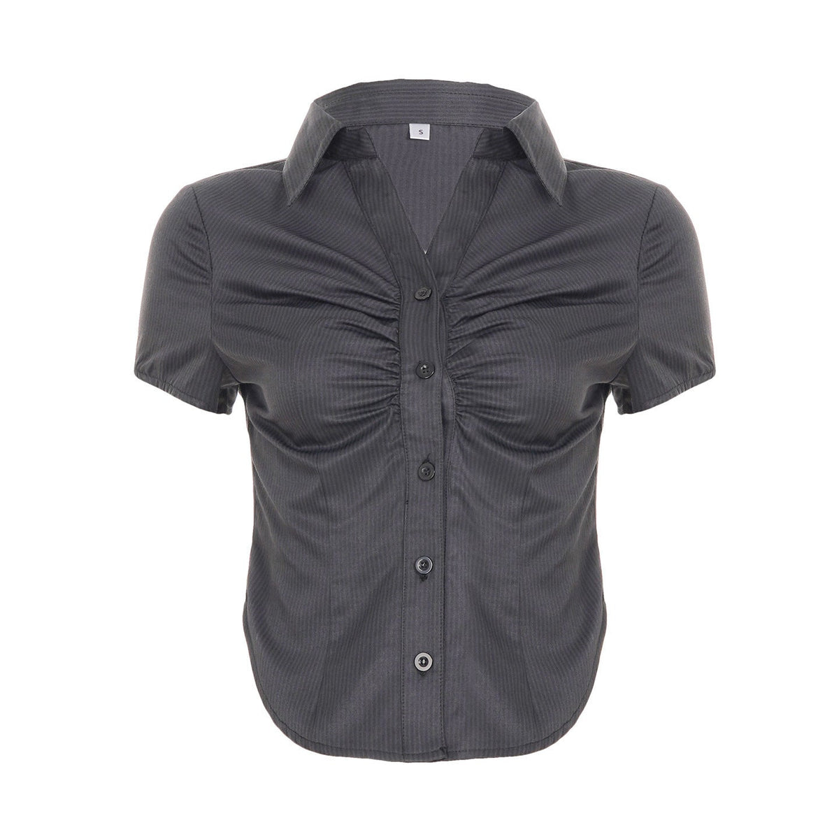 Women's Short Sleeve Blouse with Ruching and Button Placket