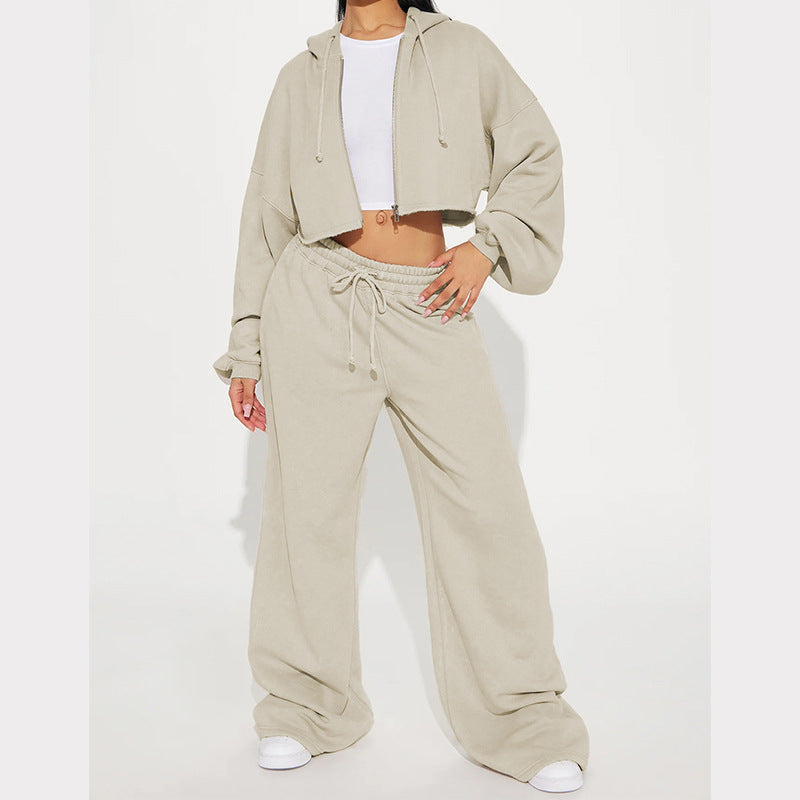 Women's Fleece Hooded Crop Top and Wide-Leg Jogger Lounge Set