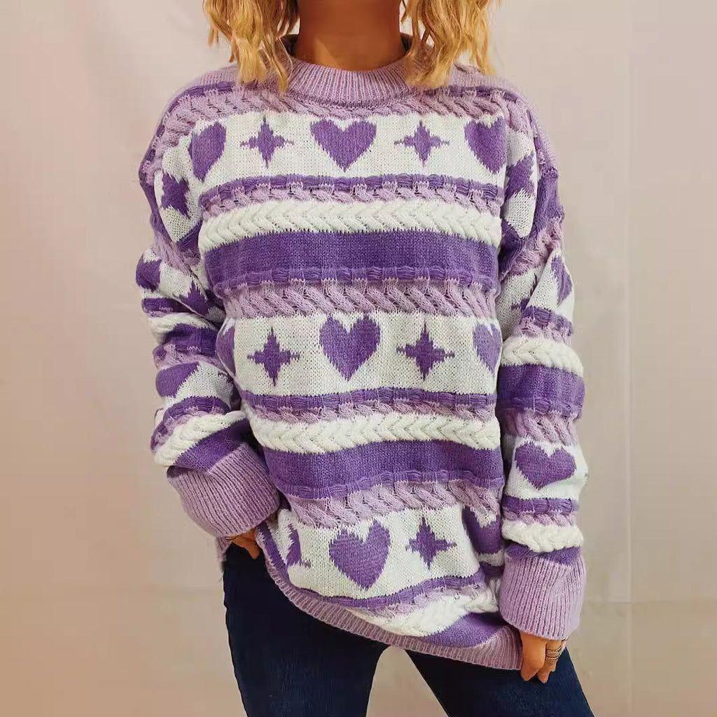 Women's Chunky Knit Sweater with Playful Heart Pattern and Cable Details