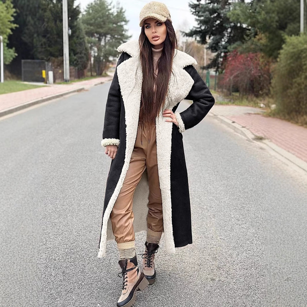 Women's Long Fleece Coat with Fold-Down Collar