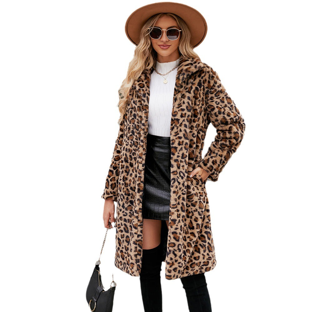 Women's Fluffy Leopard Print Plush Coat