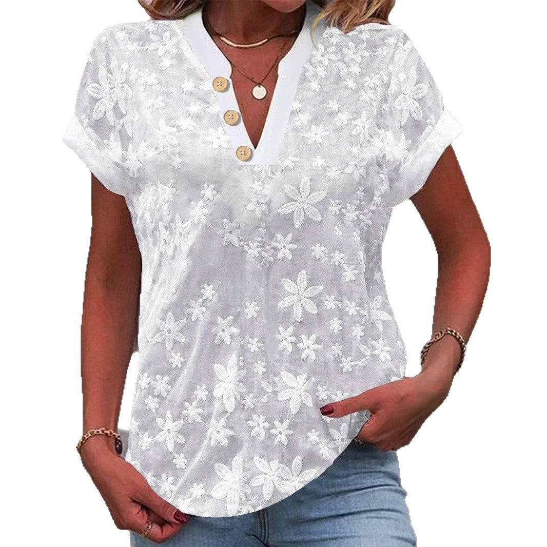 Women's Blouse with Floral Embroidery and Classic V-Neck