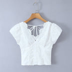 Women's Top with Floral Embroidery and Romantic Ruffled Neckline