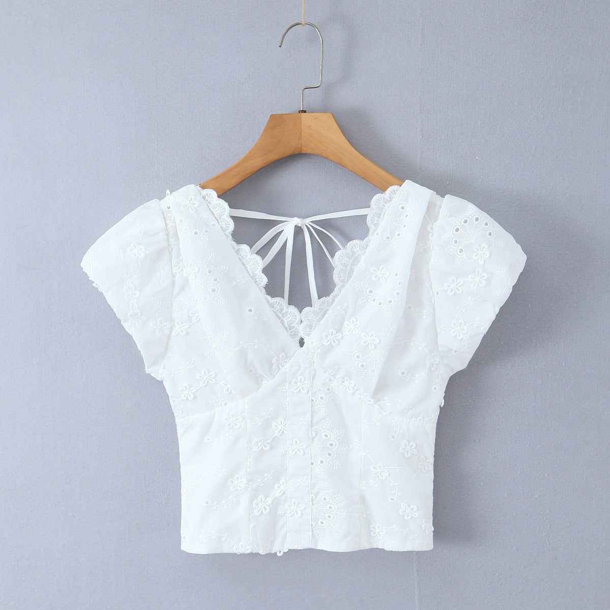 Women's Top with Floral Embroidery and Romantic Ruffled Neckline
