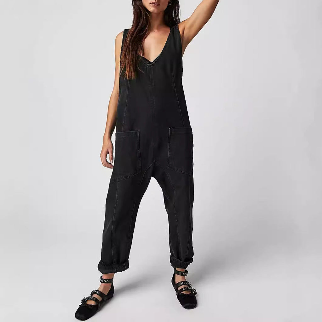 Women's Casual Denim Jumpsuit with Large Pockets