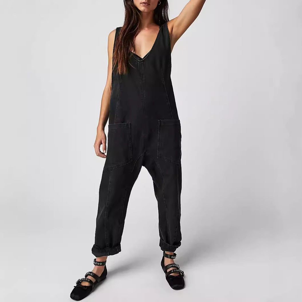 Women's Casual Denim Jumpsuit with Large Pockets