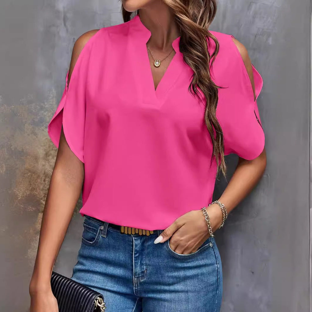 Women's Blouse with Cut-Out Sleeves and Elegant Stand-Up Collar