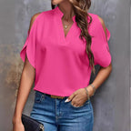Women's Blouse with Cut-Out Sleeves and Elegant Stand-Up Collar