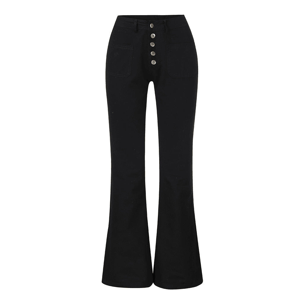 Women's High-Waisted Flared Jeans with Decorative Buttons