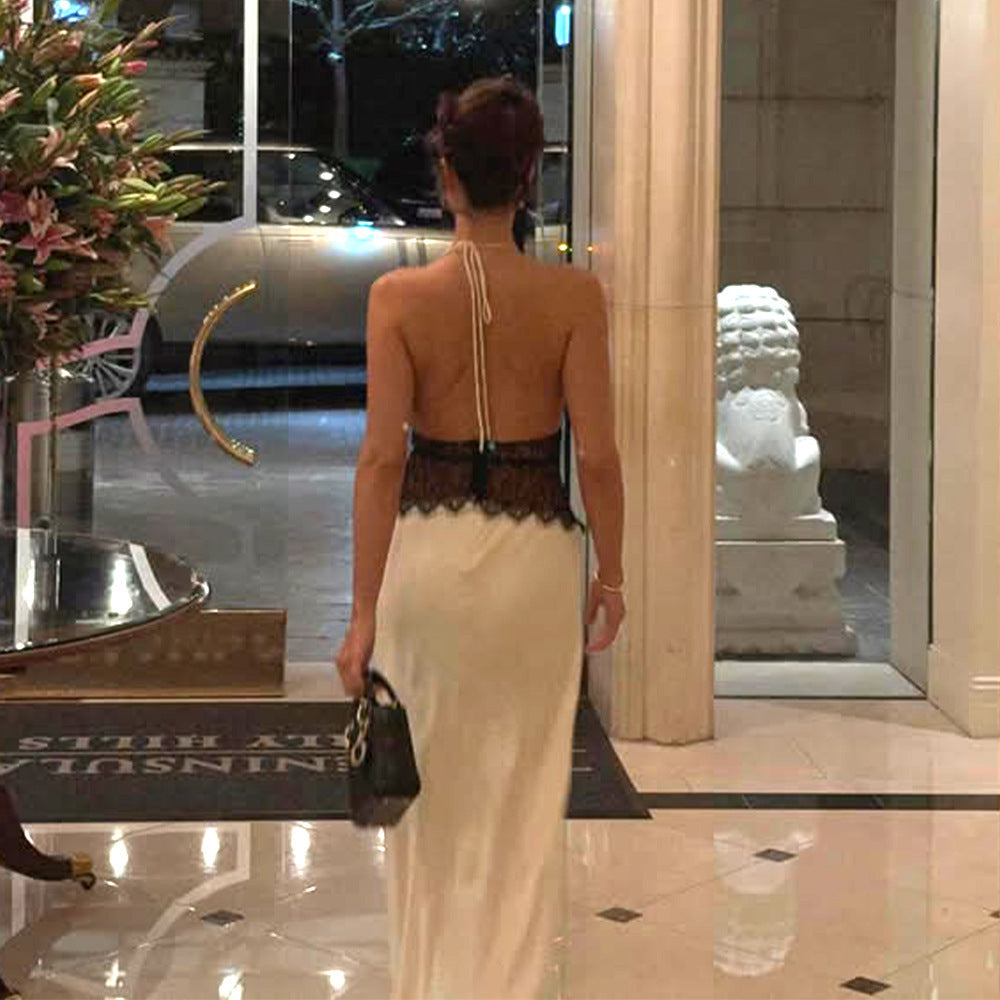 Women's Evening Dress with Lace and Elegant Deep Neckline