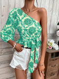 Women's Asymmetrical Top with Voluminous Sleeve and Waist Belt