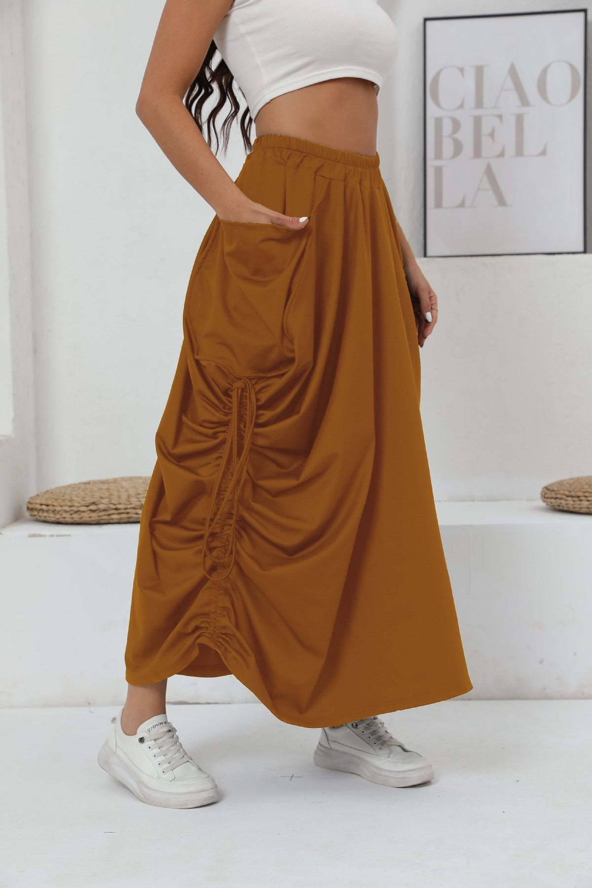 Women's Maxi Skirt with Side Ruching and Pockets