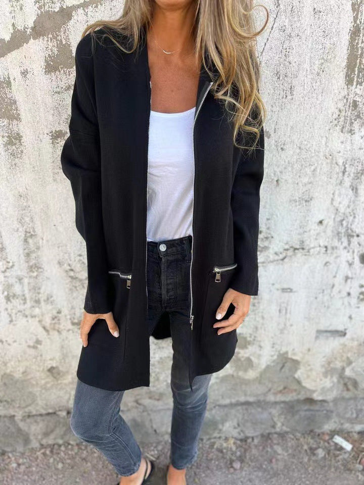 Women's Casual Coat with Hood and Asymmetrical Cut