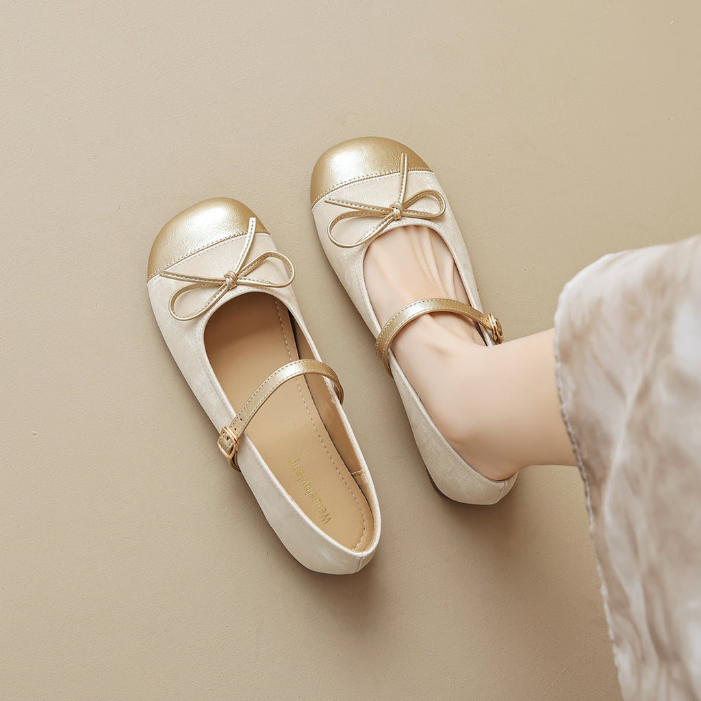Women's Ballet Flats with Decorative Strap and Elegant Bow