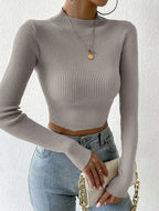 Women's Fine Knit Sweater with Mock Neck and Waveless Design
