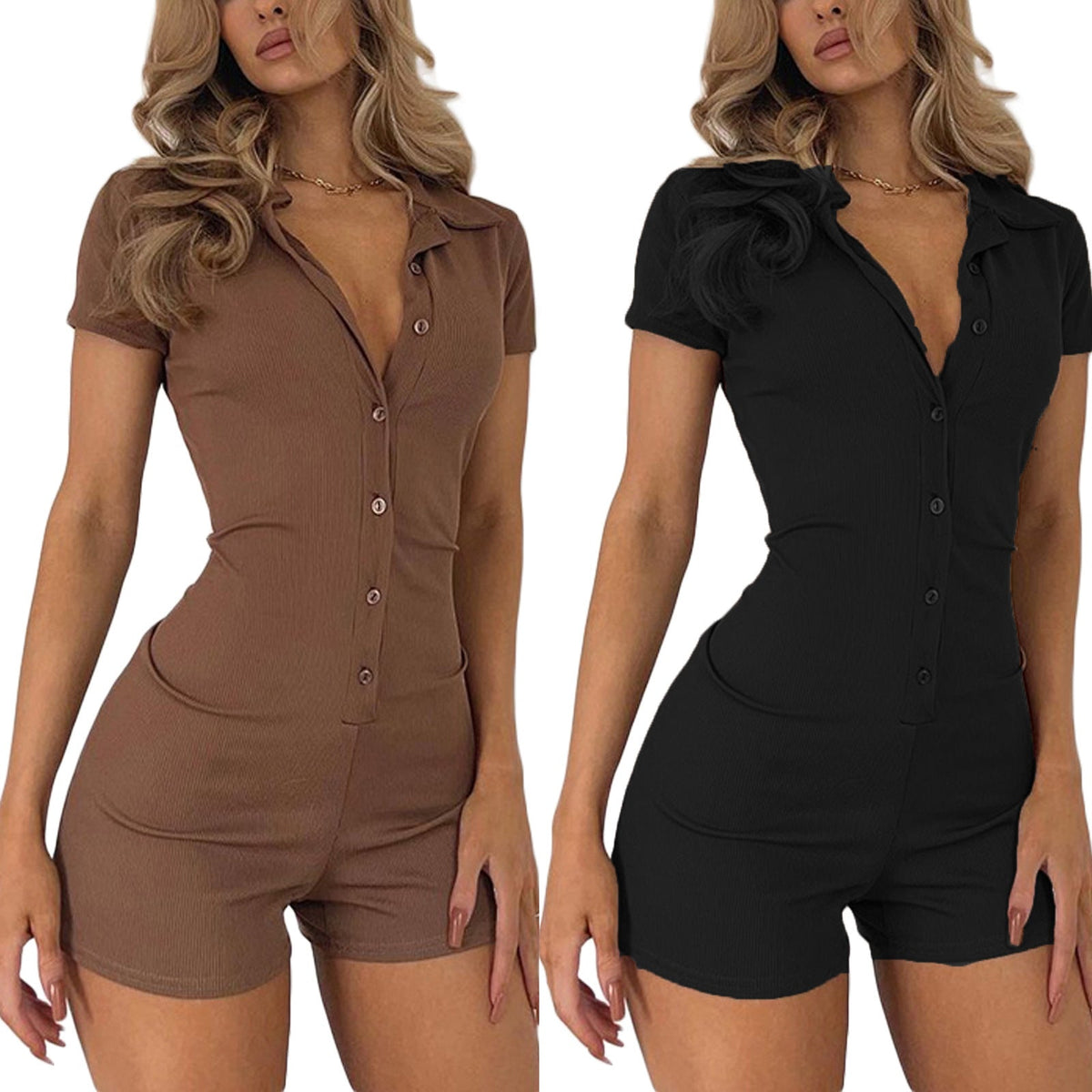Women's Form-Fitting Playsuit with Buttons and Short Leg Length