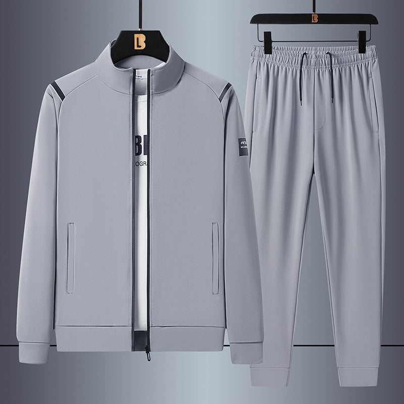 Men's casual sports training set with stand-up collar zip jacket and elastic drawstring jogging pants