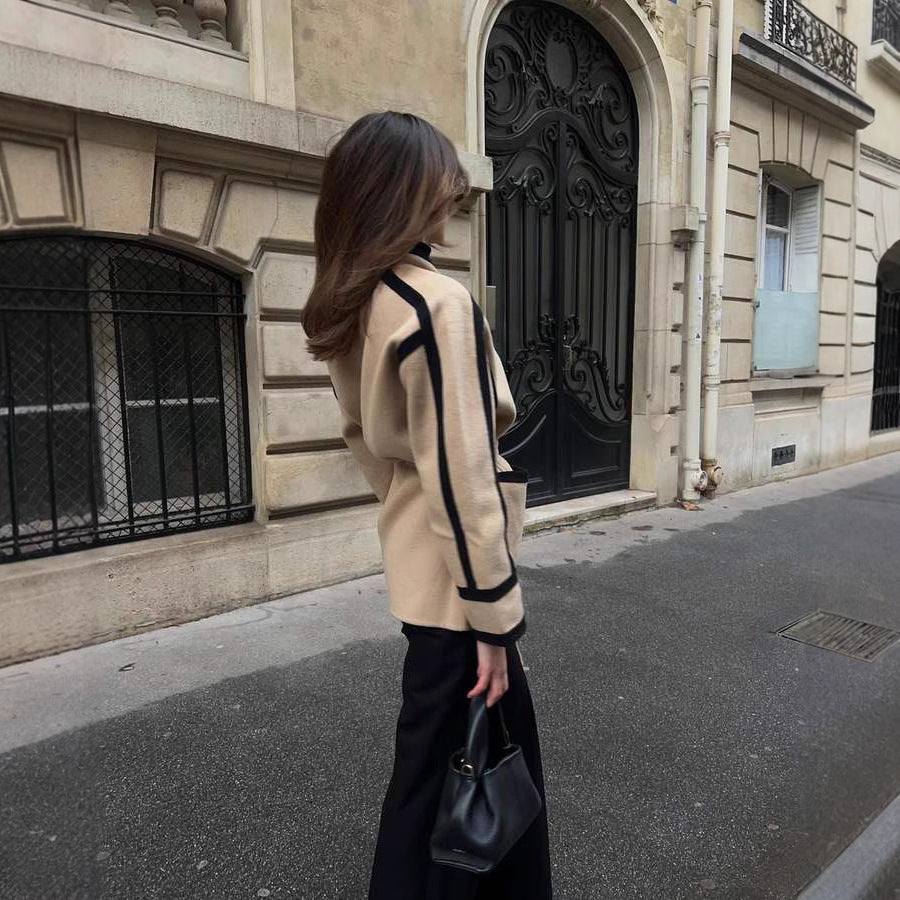Women's Fashionable Oversized Coat with Belt and Graphic Contrasts