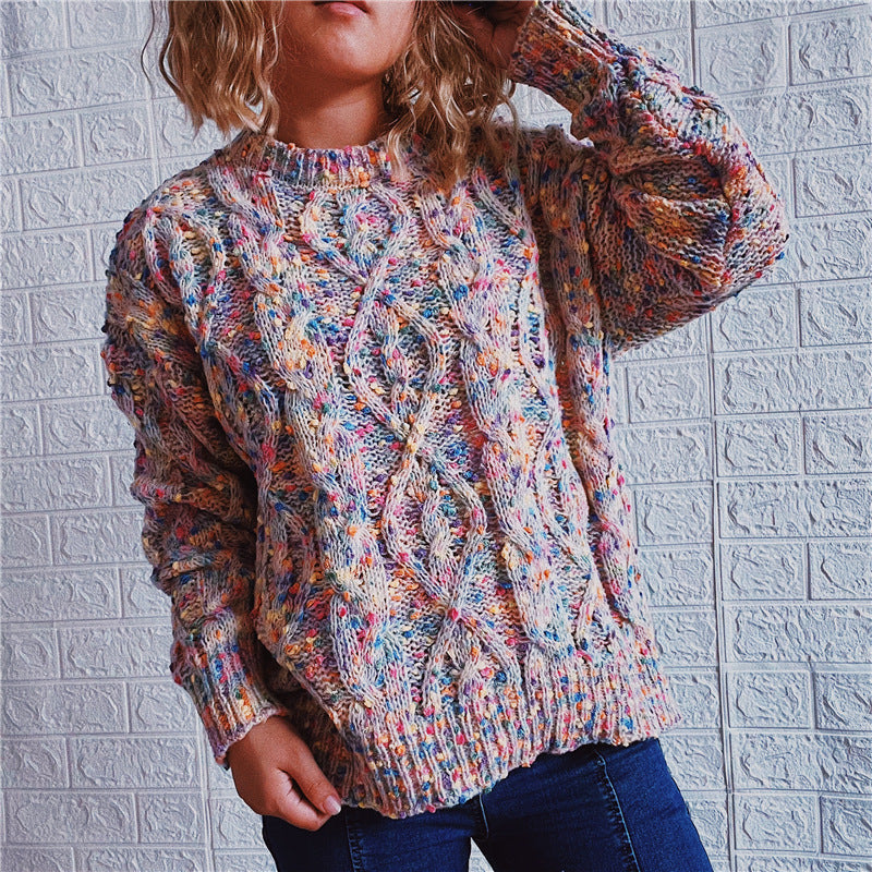 Women's Chunky Knit Sweater with Colorful Accents and Relaxed Fit