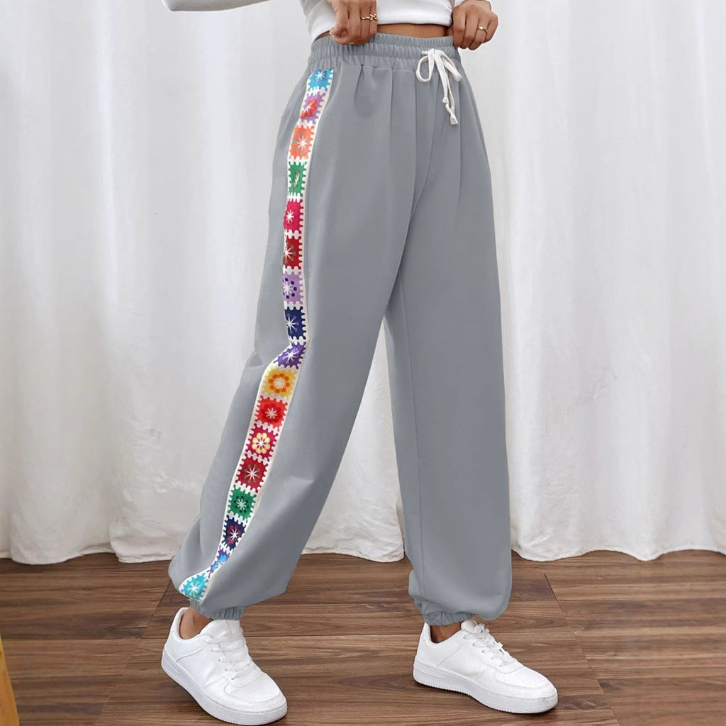 Women's Casual Pants with Floral Pattern and Elastic Waistband