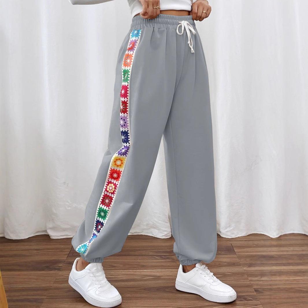 Women's Casual Pants with Floral Pattern and Elastic Waistband