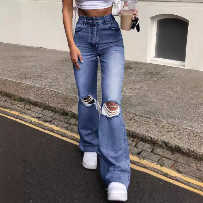 Women's High-Waisted Ripped Flared Jeans