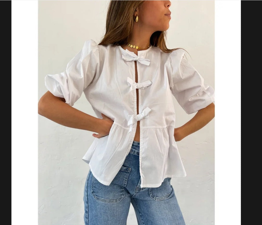 Women's Blouse with Ruffle Details and Button Opening