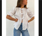 Women's Blouse with Ruffle Details and Button Opening