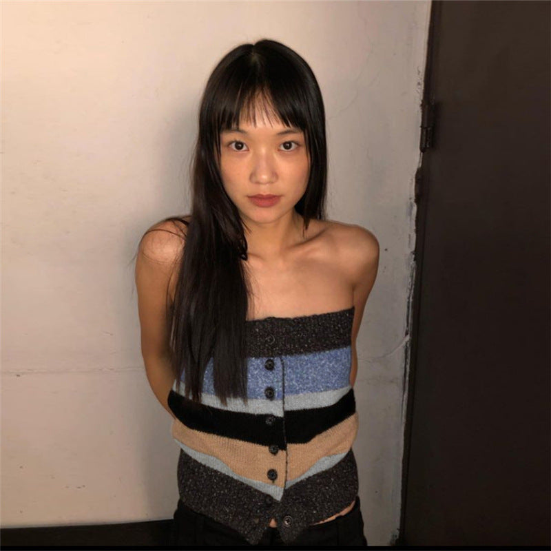 Women's Striped Bandeau Top with Decorative Buttons