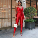Women's Flattering Jumpsuit with Deep V-Neck and High-Gloss Finish