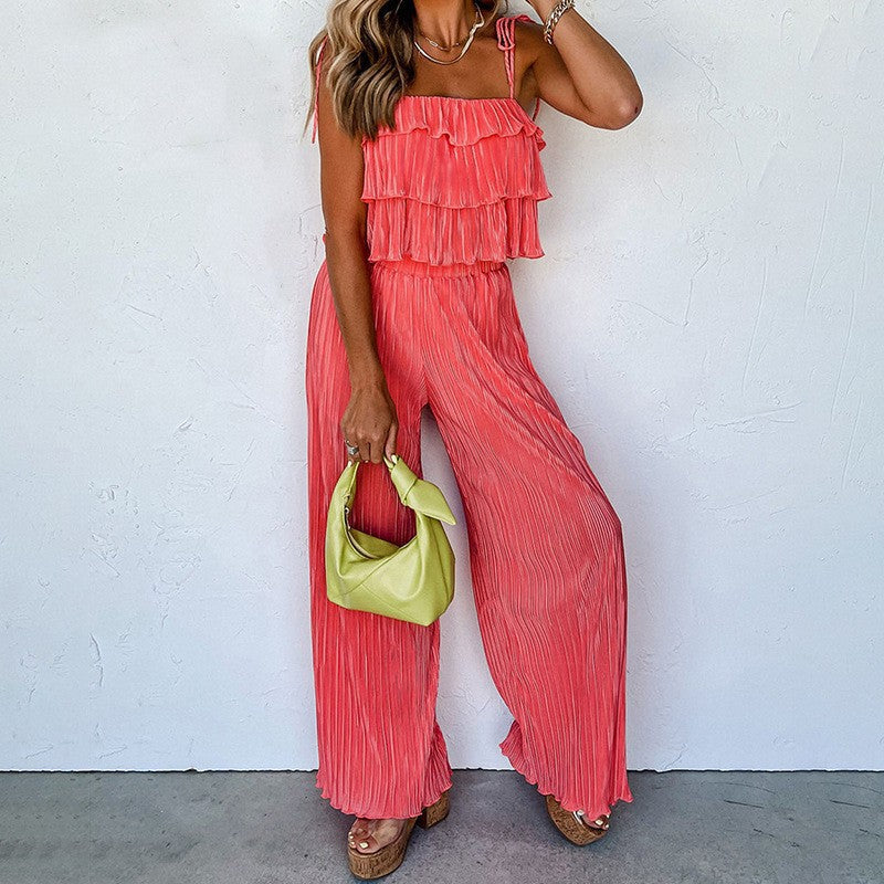 Flowing Jumpsuit with Ruffle Details and Spaghetti Straps