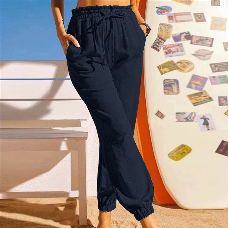 Women's Comfortable Casual Pants with Elastic Waist and Side Pockets