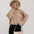 Women's Cropped Knit Sweater with Voluminous Sleeves and Crew Neck