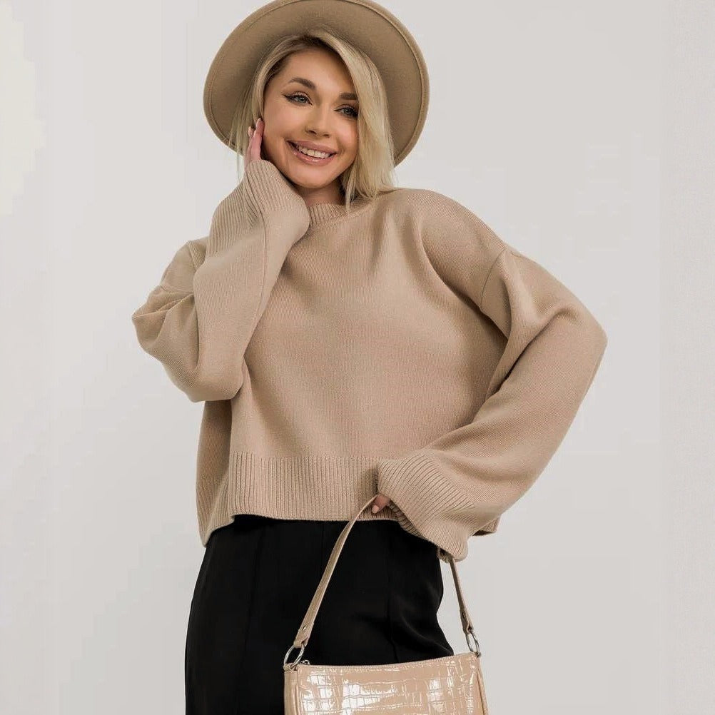 Women's Cropped Knit Sweater with Voluminous Sleeves and Crew Neck
