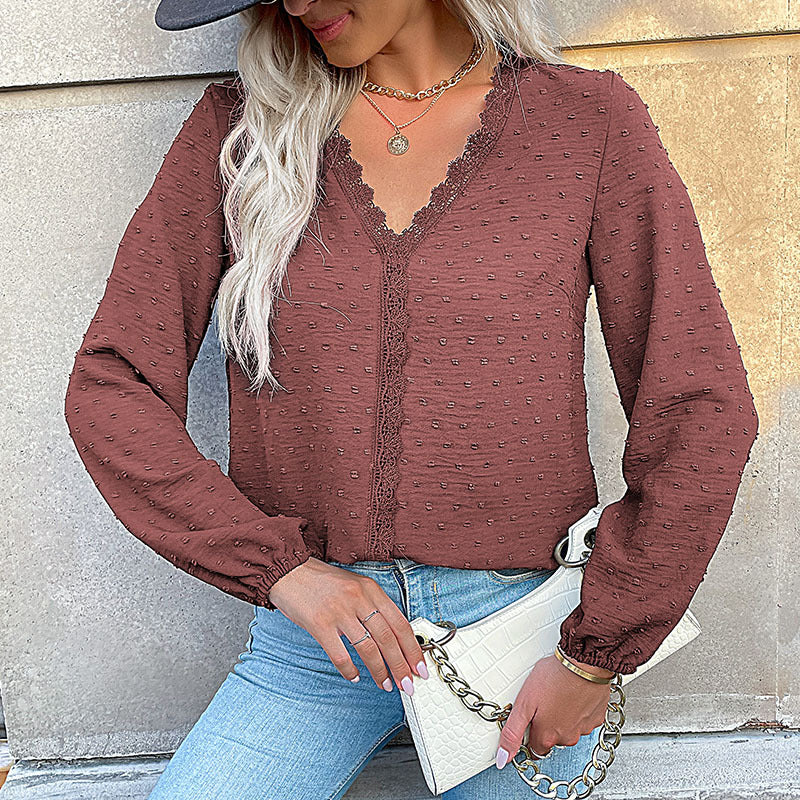 Women's Blouse with Fine Texture Details and Romantic Lace Insert