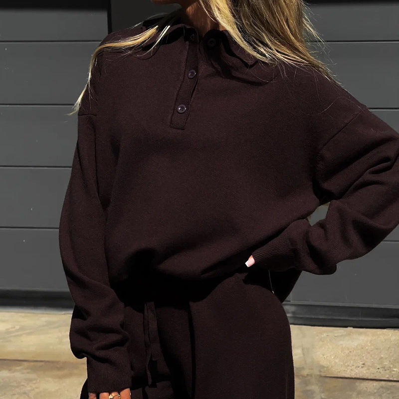 Women's Loungewear Combination with Loose Polo Shirt and Wide Pants