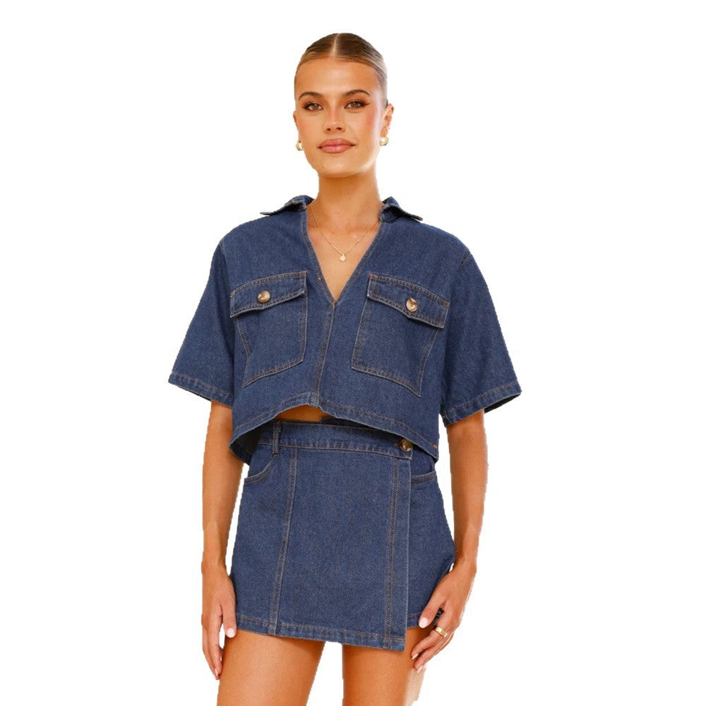 Denim Short-Sleeve Top and Wrap Skirt Set