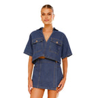 Denim Short-Sleeve Top and Wrap Skirt Set