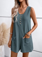 Women's Short-Sleeve Jumpsuit with Button Details and Practical Pockets