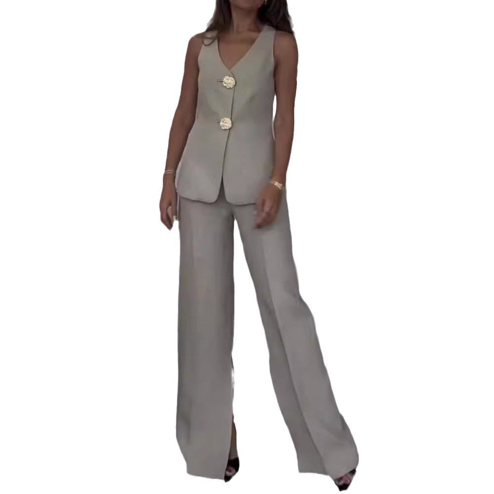 Two-Piece Suit Set with Deep V-Neck