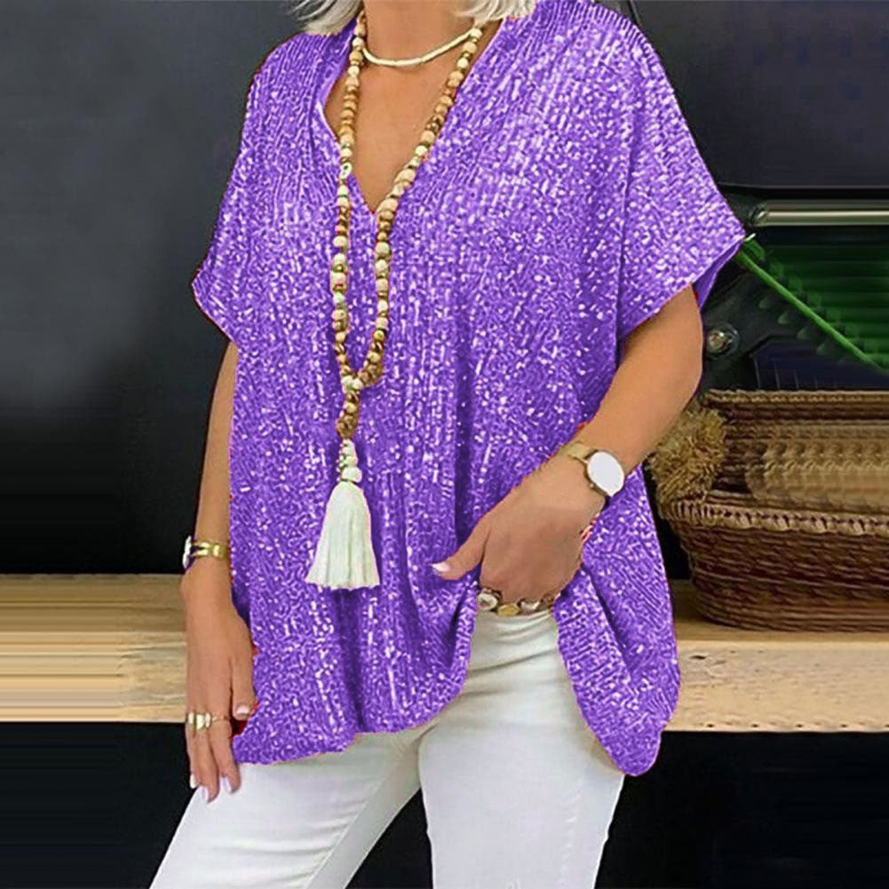 Women's Glamorous Sequin Tunic Shirt with V-Neck
