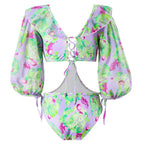 Women's Swimsuit Set with Voluminous Sleeves and Fashionable Wrap Skirt