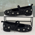 Women's Ballet Flats with Floral Glitter Design and Adjustable Strap