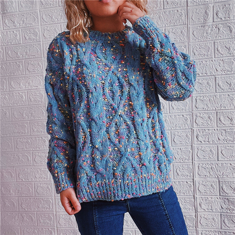 Women's Chunky Knit Sweater with Colorful Accents and Relaxed Fit