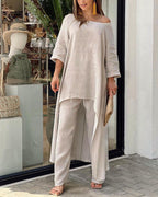Women's Casual Linen Look Two-Piece with Asymmetrical Long Tunic and Wide Palazzo Pants