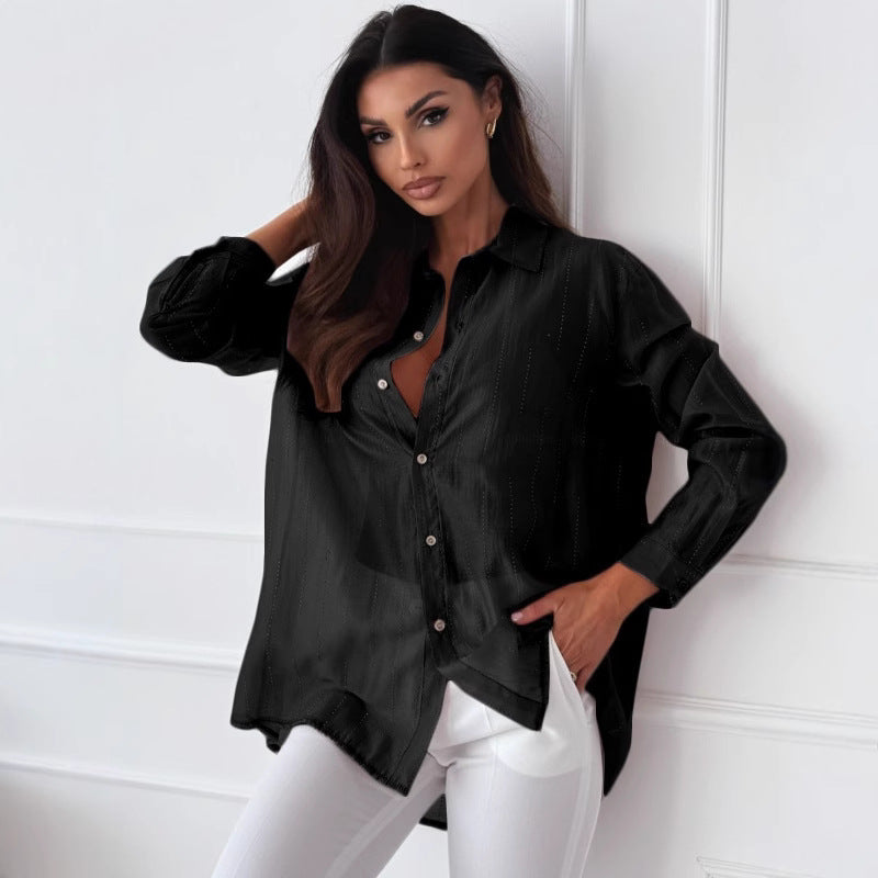 Women's Elegant Long-Sleeve Blouse with Fine Texture