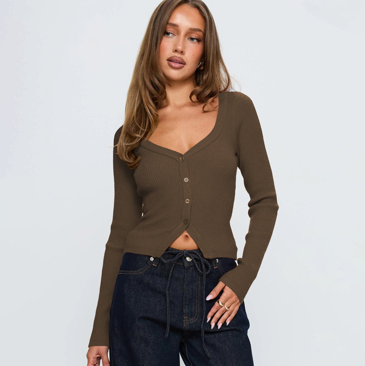 Women's Elegant Ribbed V-Neck Cardigan with Button Placket