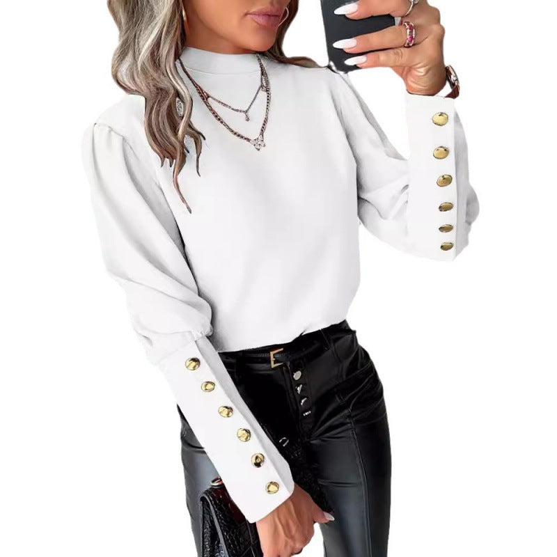 Elegant Blouse with Puff Sleeves and Gold Button Details
