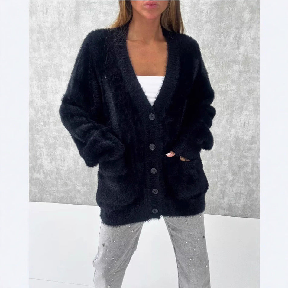 Women's Fluffy Button-Down Cardigan with Loose Fit